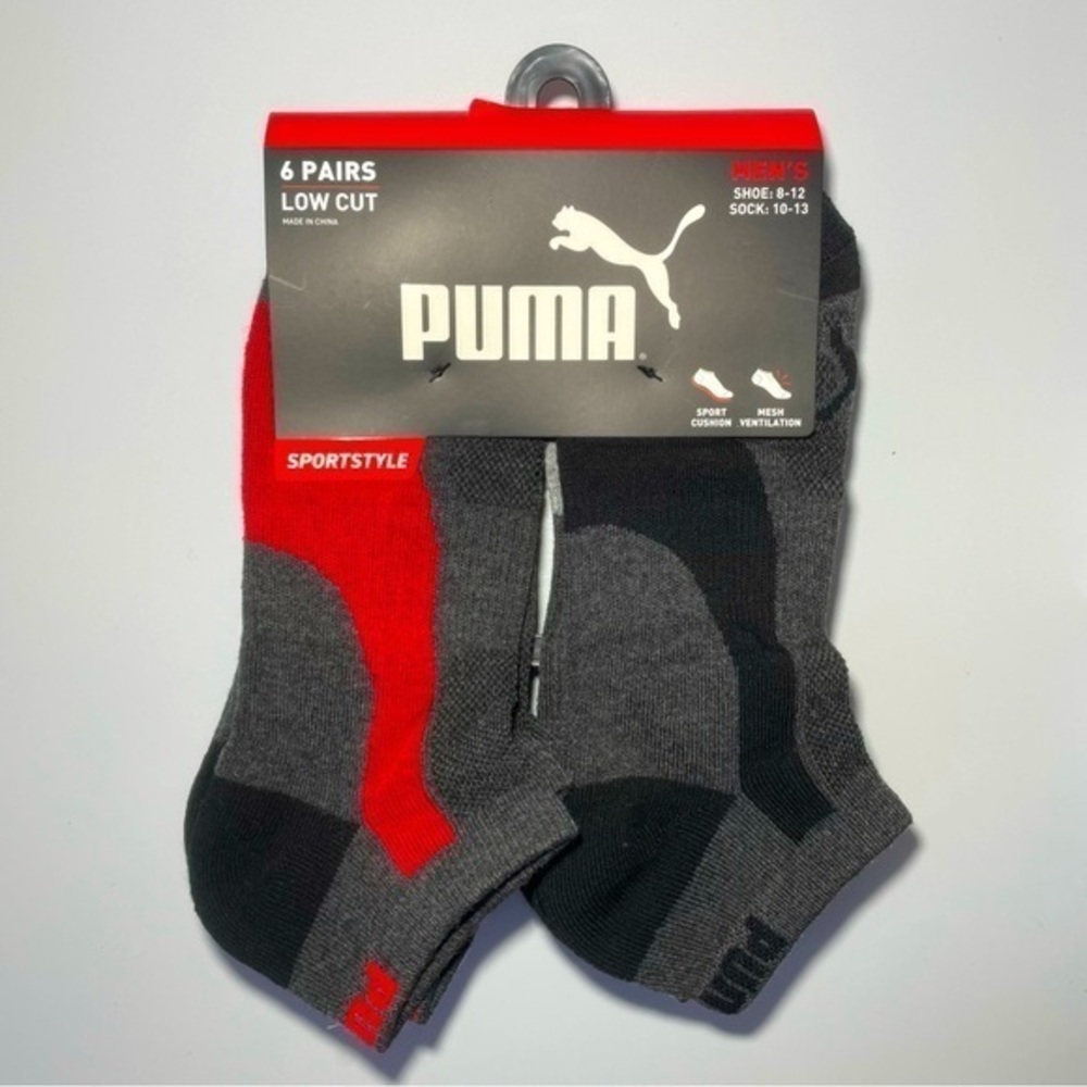Puma men’s low cut socks 6 pack size 8-12 black gray red